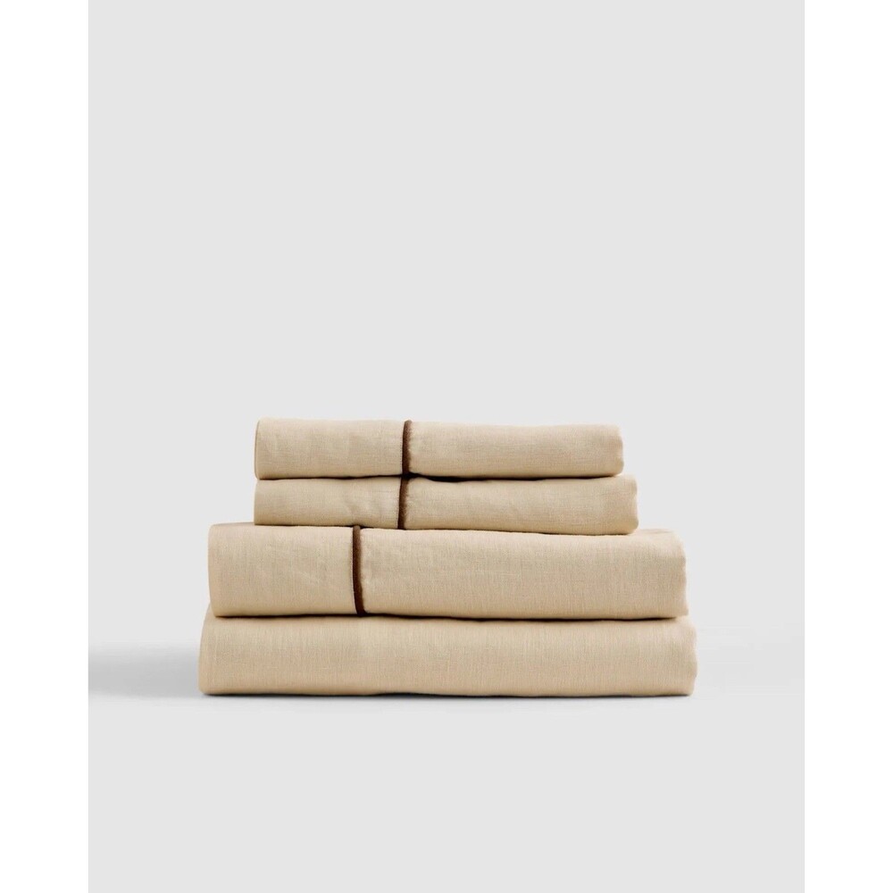 Quince European Linen Piped Sheet Set in Oat / Espresso - Size KING $194 Retail